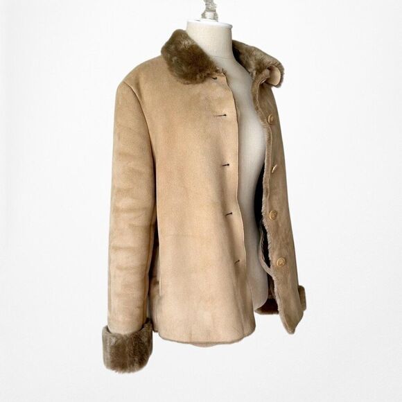 Vintage Y2K Brown Faux Fur Lined Trim Suede Teddy Jacket Coat Size S - Picture 5 of 7